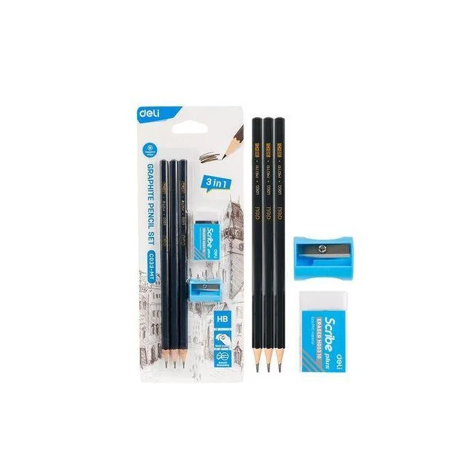 Deli 3-in-1 Graphite Pencil Set - 3 HB Matte Black Pencils with Sharpener & Eraser