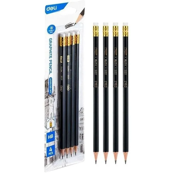 Deli HB Graphite Pencil with Eraser, 4-Piece Set