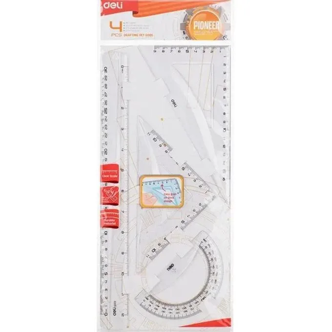 Deli Pioneer 4-Piece Clear Mathematical Geometry Set (30cm Ruler, Set Squares, Protractor)