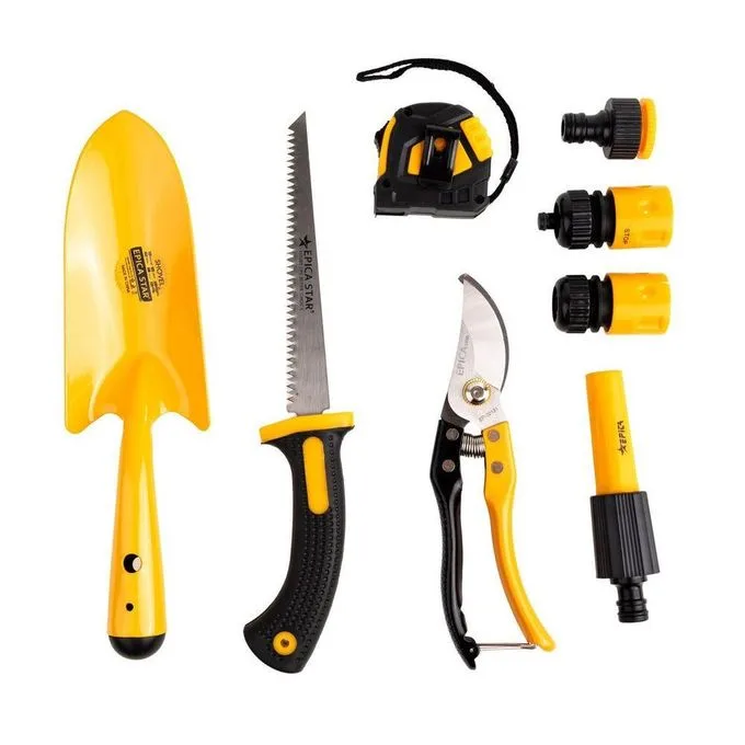 Epica Star 8-Piece Gardening & Hose Nozzle Tool Set - Pruning Shear, Hand Saw, Trowel, Tape Measure & Hose Connectors