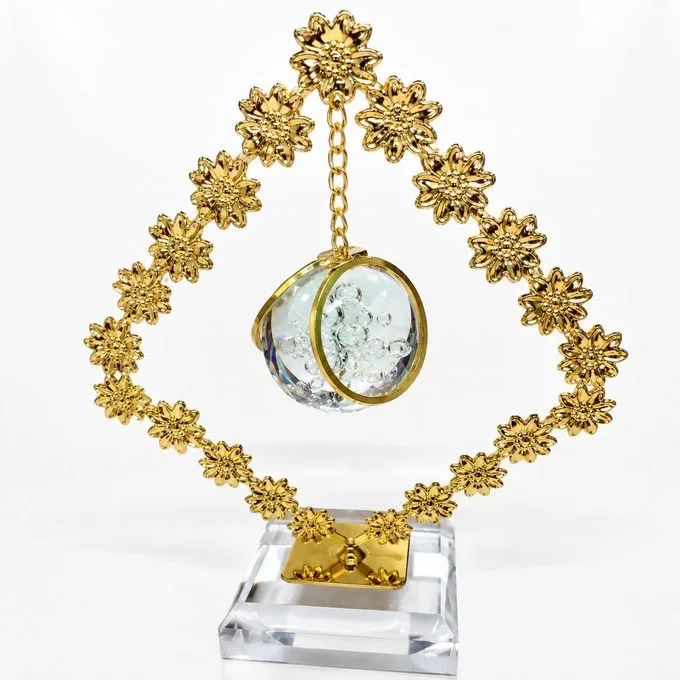 Gold Floral Diamond Crystal Orb Table Centerpiece - Decorative Home & Office Desk Showpiece Gold