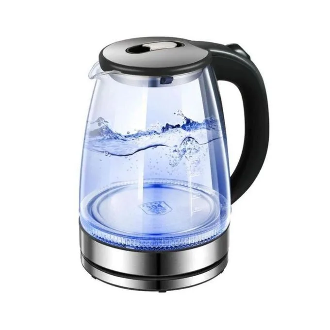 Hoffmans Electric Glass Kettle 2ltr, Transparent Electric Kettle (Pacolator) with Blue LED Indicator Light and Push Button, BPA - Free, Fast - Boiling