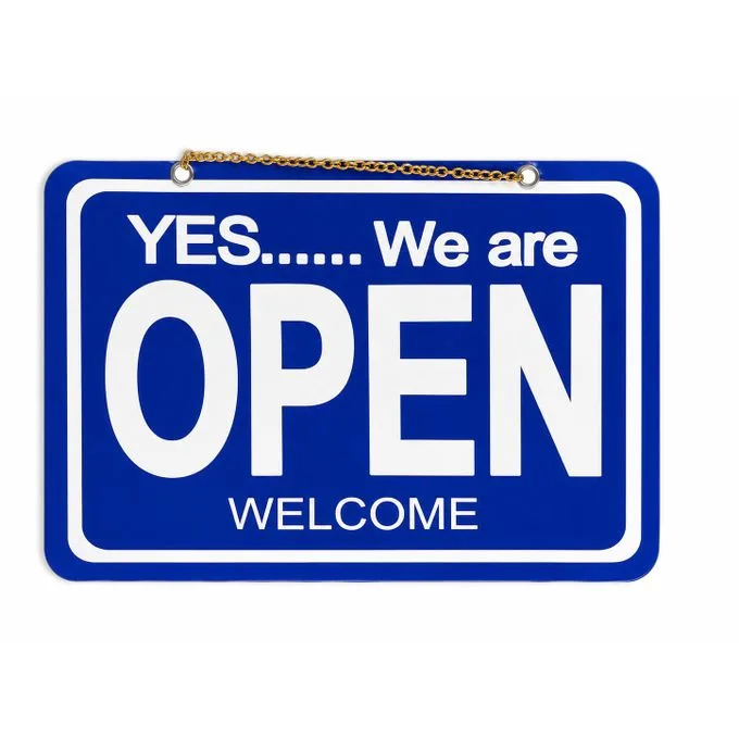Blue "YES... We Are OPEN" Hanging Sign - 11.5" x 7.5" Double-Sided Business Sign with Metal Hanging Chain - Durable, Highly Visible Welcome Sign for