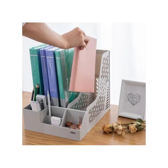 Deli 3-Slot Magazine Holder & Desk Organizer Tray with Pen Holder - Light Grey