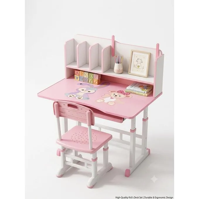 Kids Study Desk and Chair Set - Ergonomic Adjustable Children’s Writing Table with Bookshelf Storage & Cute Cartoon Print