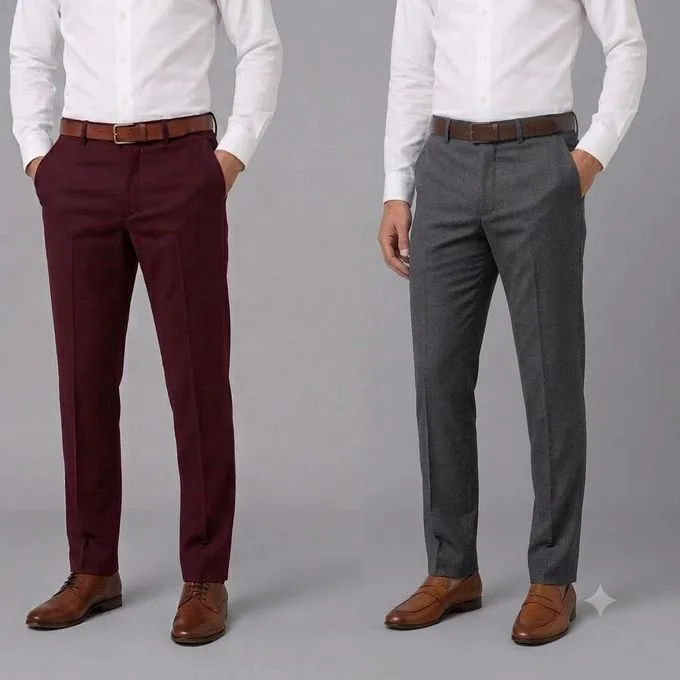 2-Pack Men's Formal Office Trousers Smart Work Pants - Grey/Maroon - Business Workwear for Office & Smart-Casual Everyday Dressing