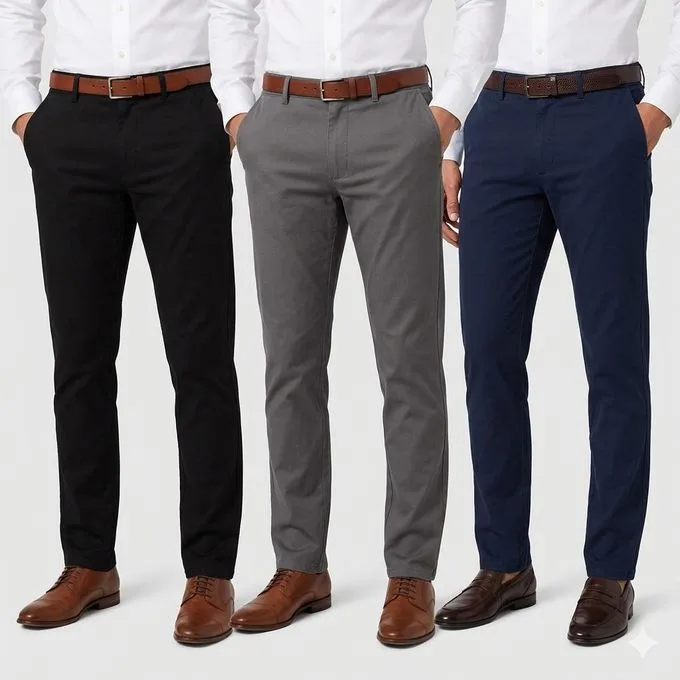 3-Pack Men's Formal Office Trousers Smart Work Pants - Black/Blue/Grey - Business Workwear for Office & Smart-Casual Everyday Dressing
