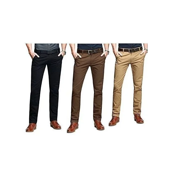 3-Pack Men's Classic Khaki Trousers - Black/Brown
