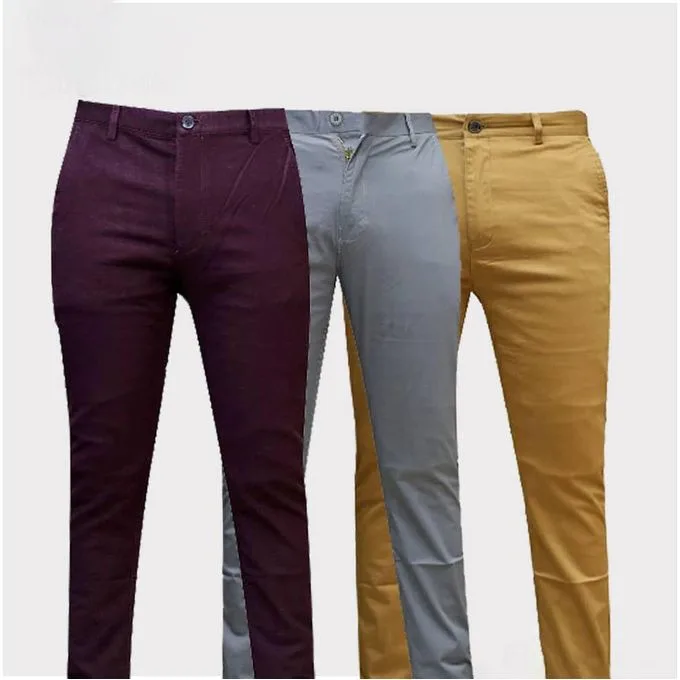 3-Pack Men's Classic Khaki Trousers - Grey/Maroon