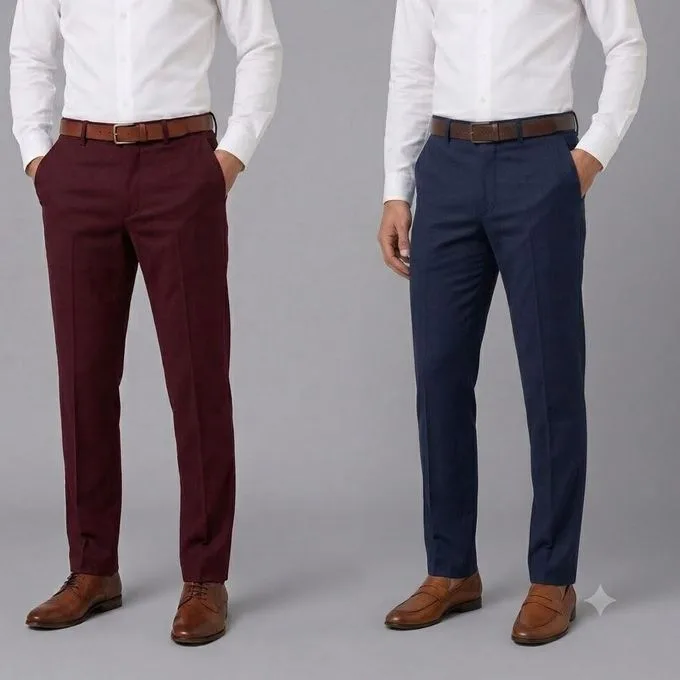 2-Pack Men's Smart Formal Office Trousers - Navy Blue/Maroon